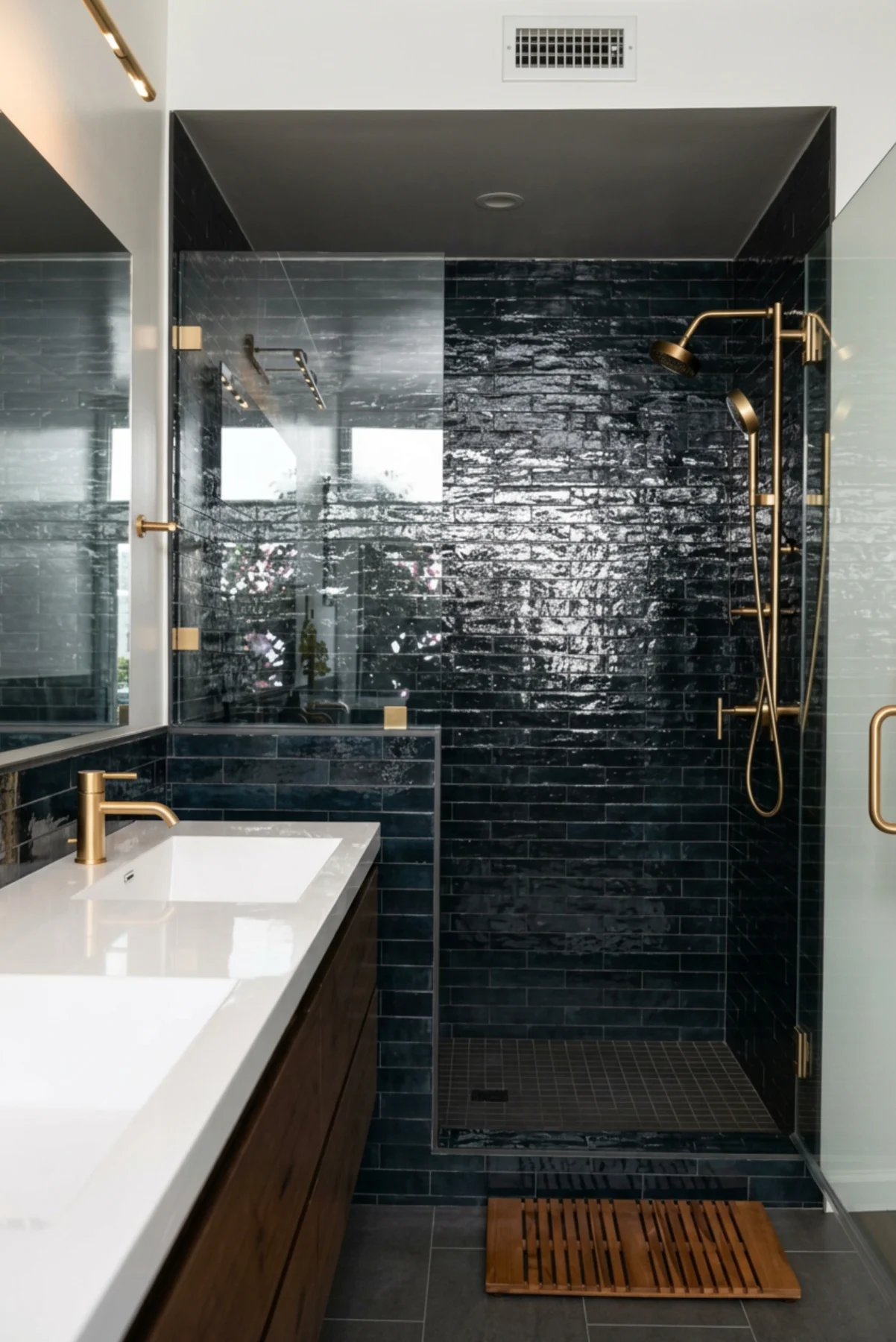 Precise tile and finish detailing in a completed bathroom